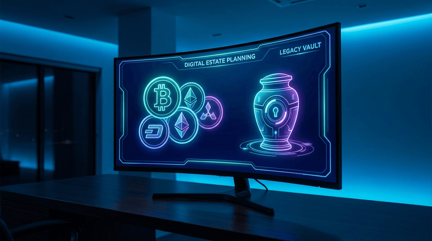 Digitale assets en crypto op scherm met notitieboek