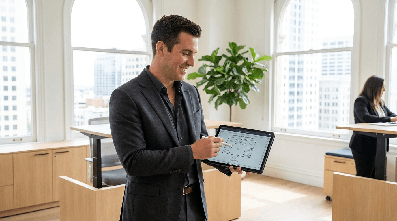 Uitvaartondernemer gebruikt tablet in moderne kantoorruimte