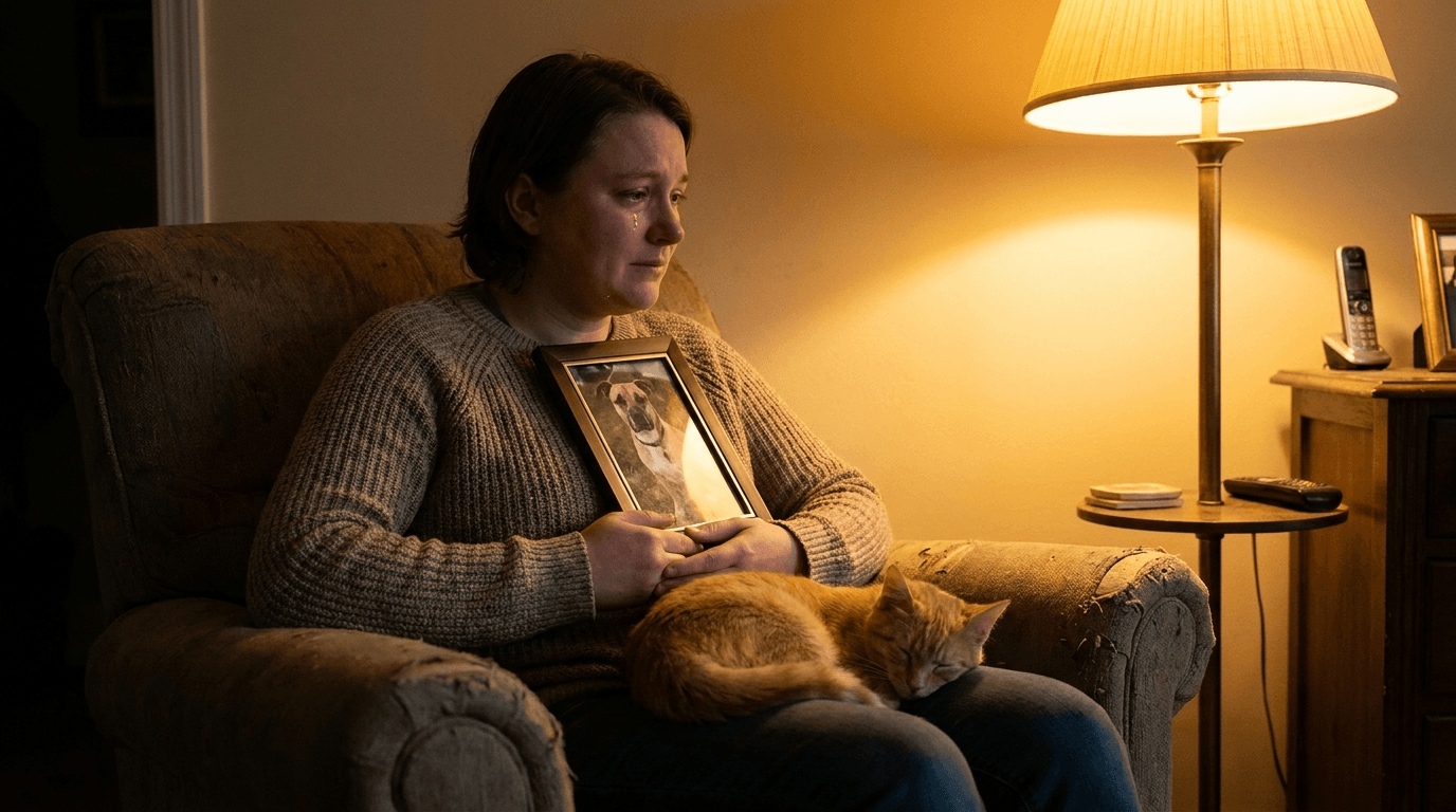 Persoon knuffelt kat of hond in verdriet na verlies