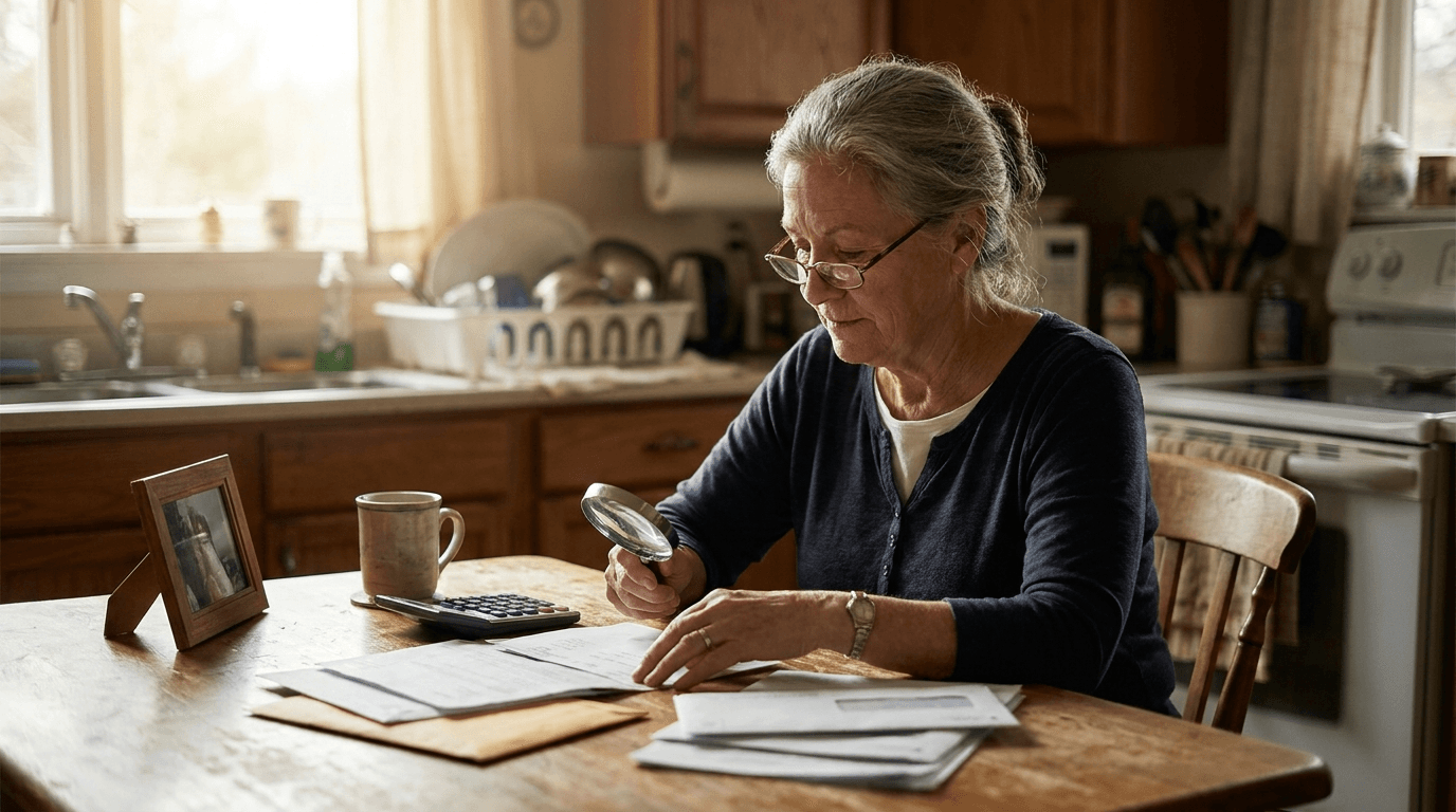Oudere vrouw bekijkt financiële documenten na verlies partner