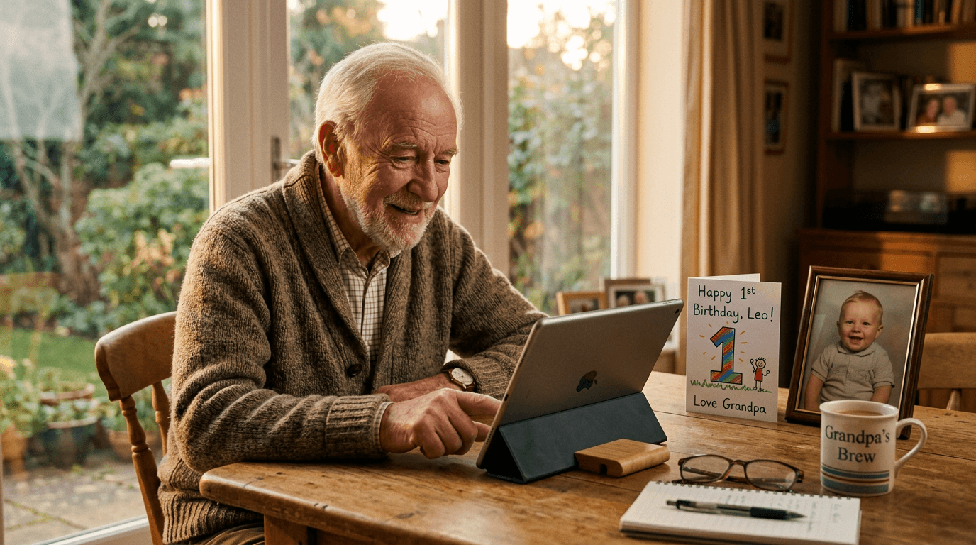 Opa neemt een videoboodschap op voor zijn kleinkind