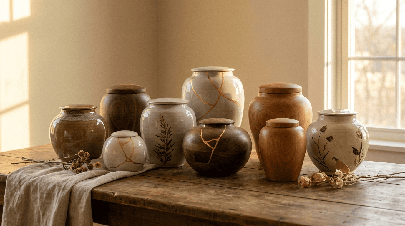 Elegante urnen op een houten tafel