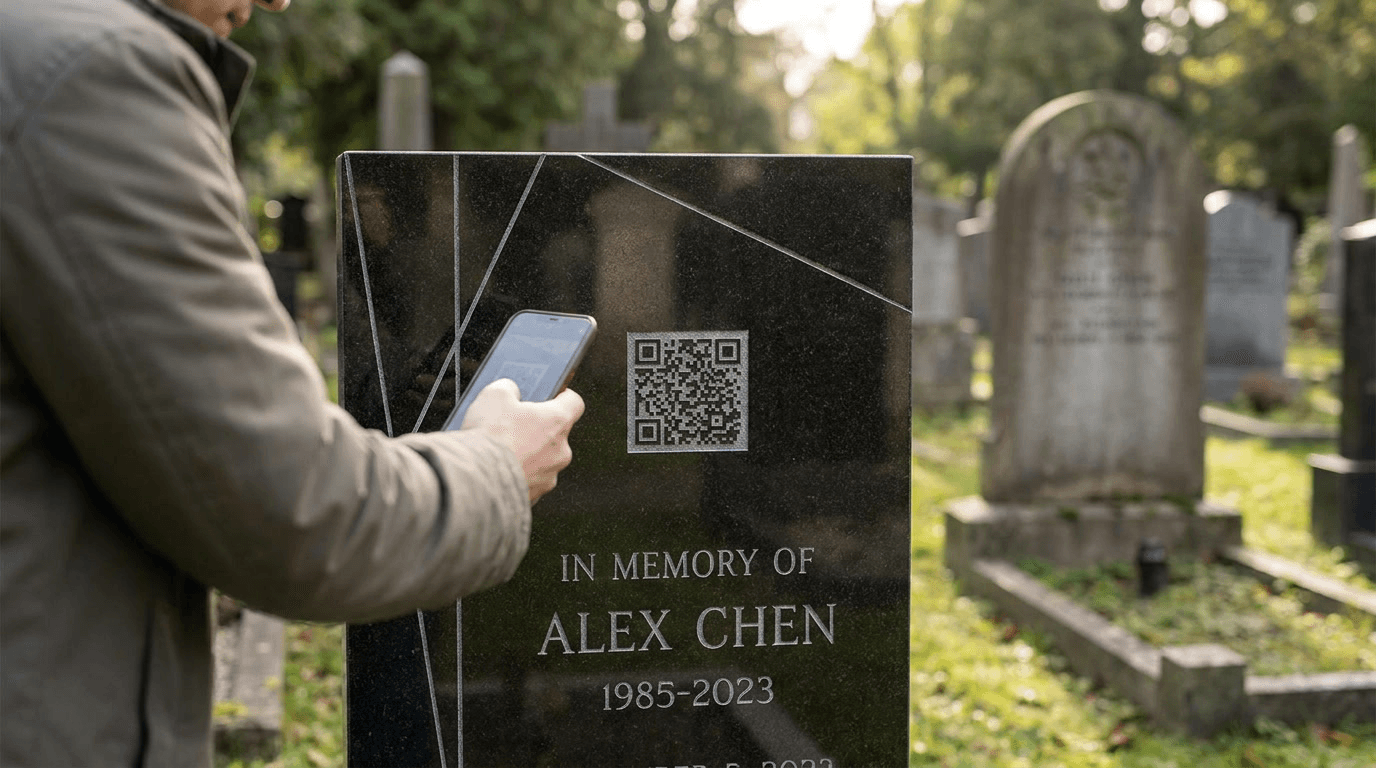 Grafsteen met QR-code in moderne begraafplaats