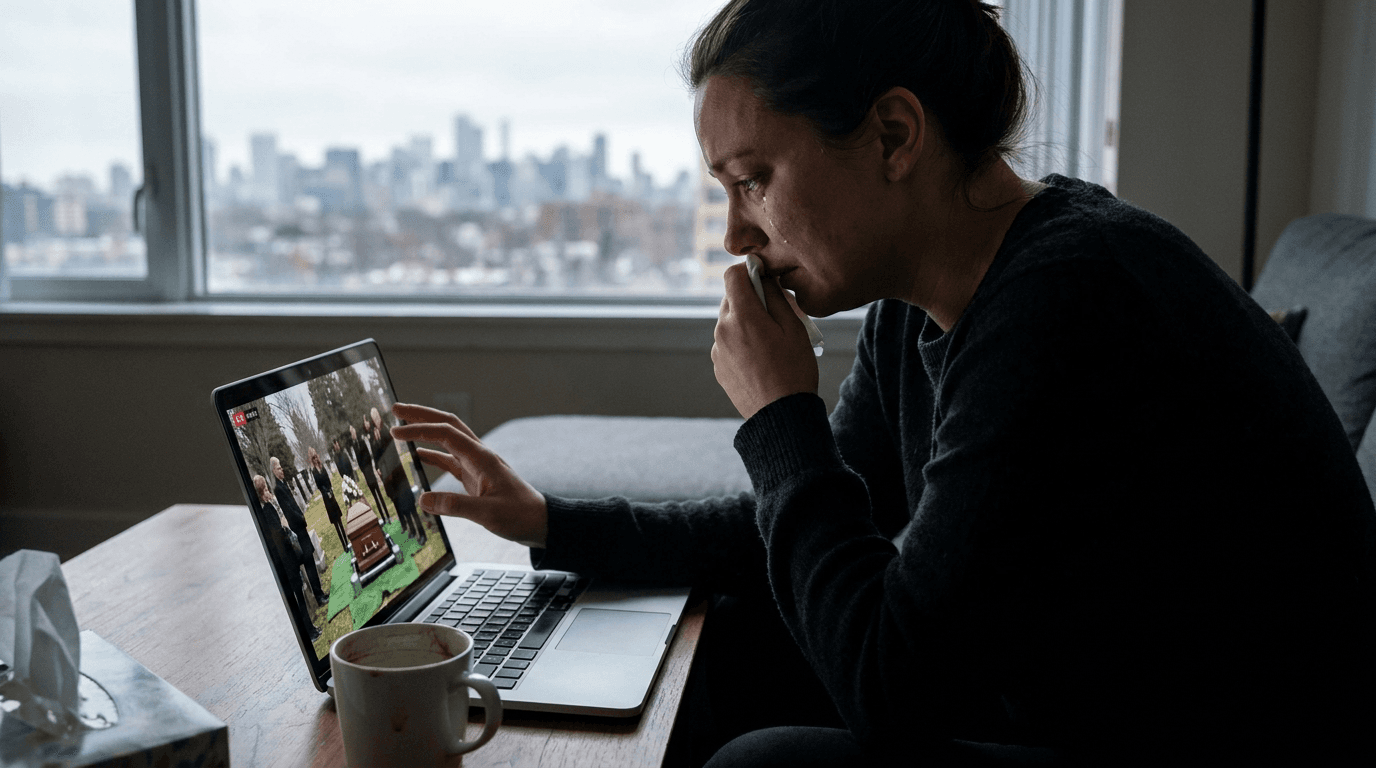 Persoon huilt voor laptop tijdens online begrafenis livestream